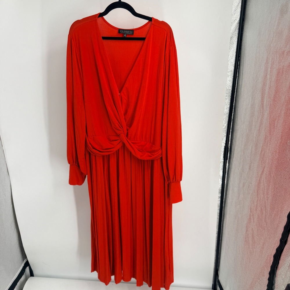 Eloquii Red Twist Front Pleated Midi Dress Plus Size 26 Long Sleeve V-Neck Solid